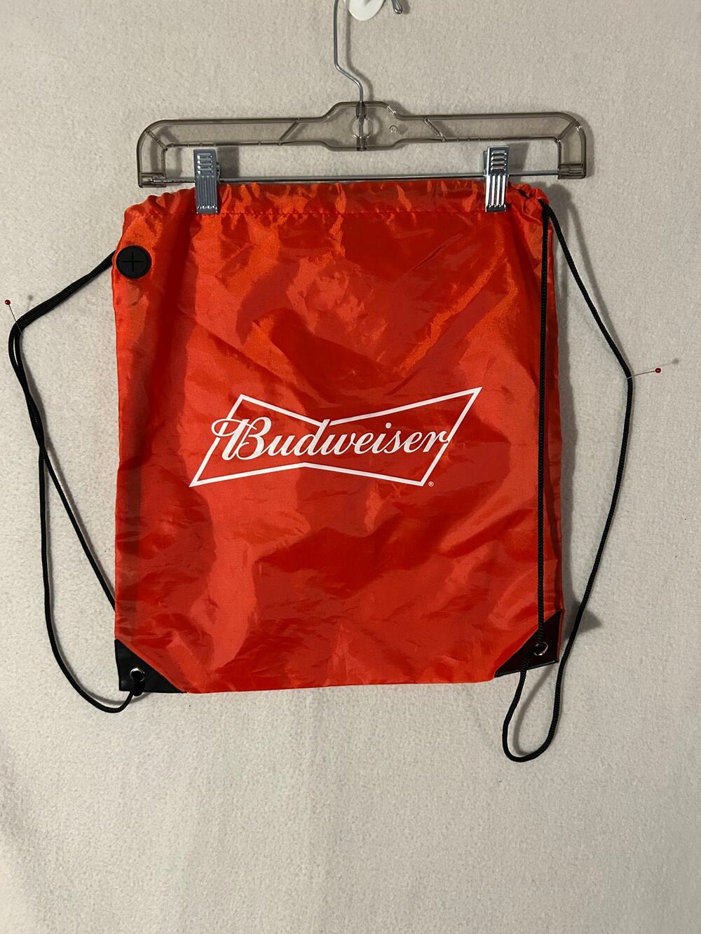 Budweiser Drawstring Backpack Bag Red Nylon Logo Beer Promo Zip Pocket